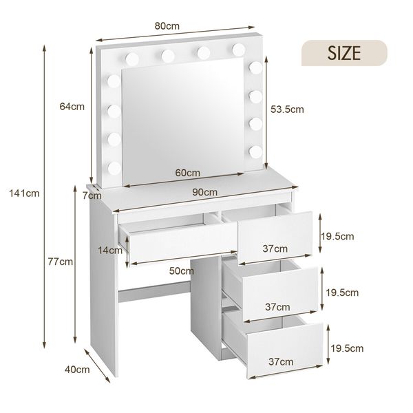 Hollywood Vanity Dresser Table Makeup Dressing Desk White Modern Bedroom Furniture with 12 LED Lighted Mirror 3 Lighting Colours 4 Drawers