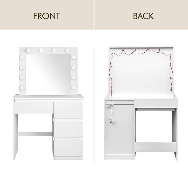 Hollywood Vanity Dresser Table Makeup Dressing Desk White Modern Bedroom Furniture with 12 LED Lighted Mirror 3 Lighting Colours 4 Drawers