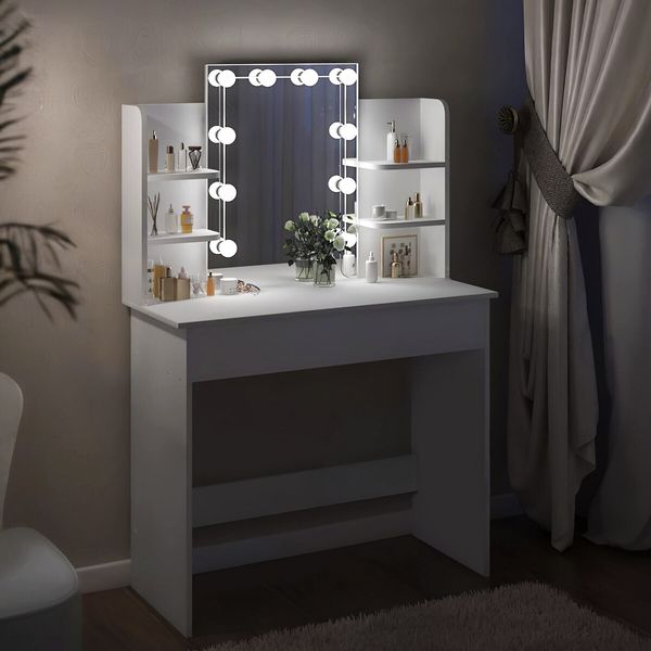 Hollywood Makeup Table Vanity Dresser White Dressing Desk Bedroom Furniture with 10 LED Lighted Mirror 3 Lighting Colours 2 Drawers 6 Shelves