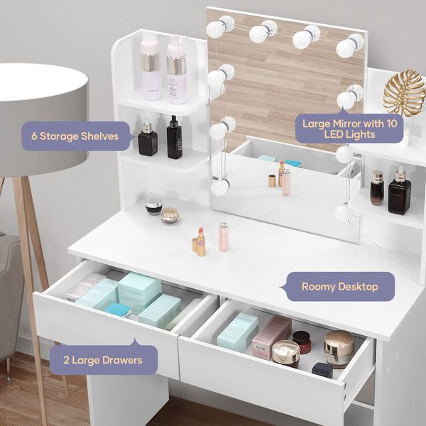 Hollywood Makeup Table Vanity Dresser White Dressing Desk Bedroom Furniture with 10 LED Lighted Mirror 3 Lighting Colours 2 Drawers 6 Shelves