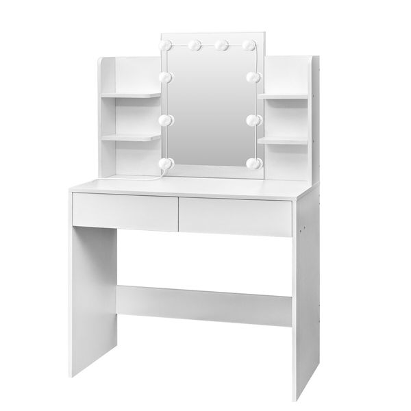 Hollywood Makeup Table Vanity Dresser White Dressing Desk Bedroom Furniture with 10 LED Lighted Mirror 3 Lighting Colours 2 Drawers 6 Shelves