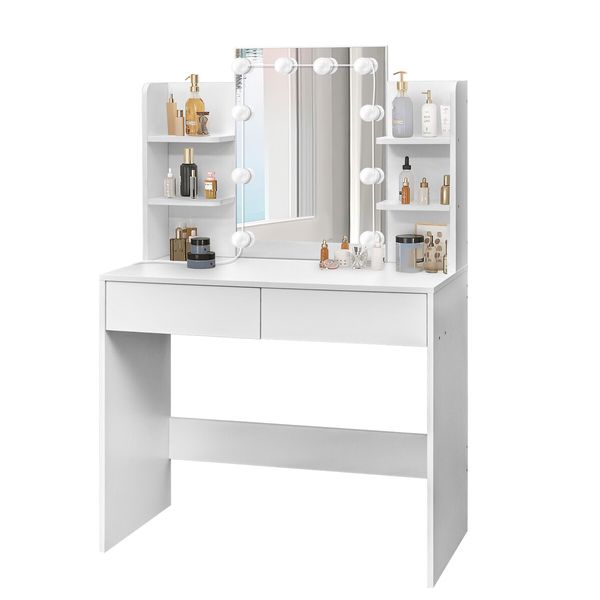 Hollywood Makeup Table Vanity Dresser White Dressing Desk Bedroom Furniture with 10 LED Lighted Mirror 3 Lighting Colours 2 Drawers 6 Shelves