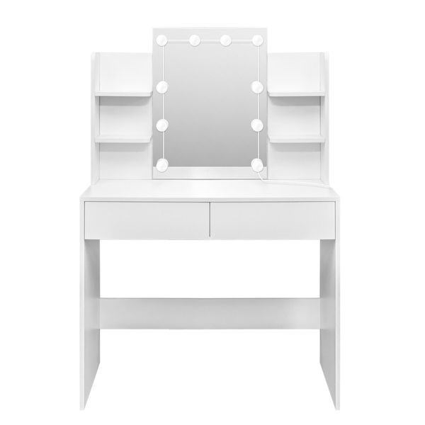 Hollywood Makeup Table Vanity Dresser White Dressing Desk Bedroom Furniture with 10 LED Lighted Mirror 3 Lighting Colours 2 Drawers 6 Shelves