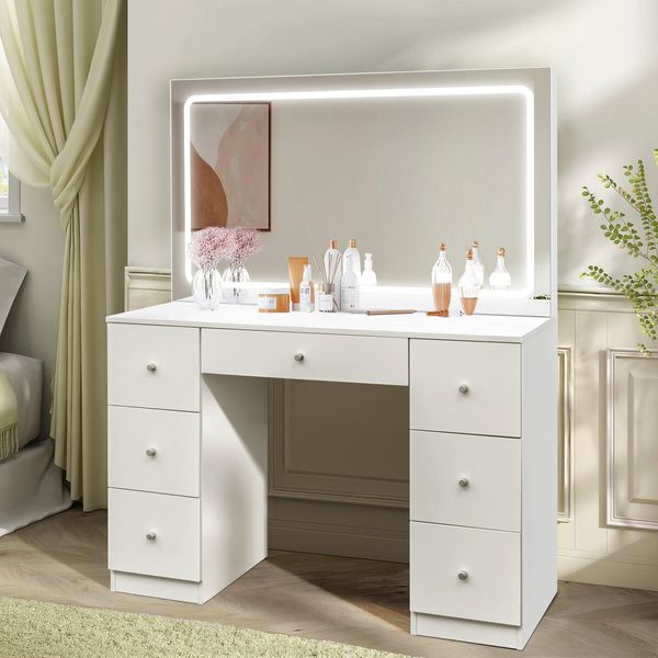 XL Size Vanity Makeup Table White Dresser Desk Bedroom Dressing Furniture with Mirror LED Light Strip 7 Storage Drawers 3 Lighting Colours