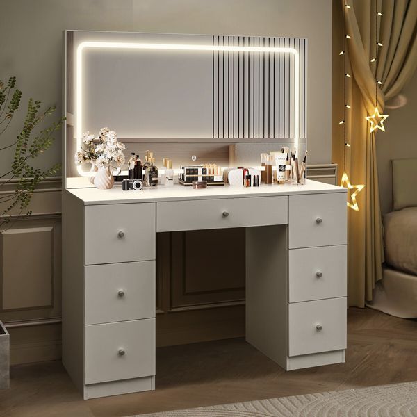 XL Size Vanity Makeup Table White Dresser Desk Bedroom Dressing Furniture with Mirror LED Light Strip 7 Storage Drawers 3 Lighting Colours