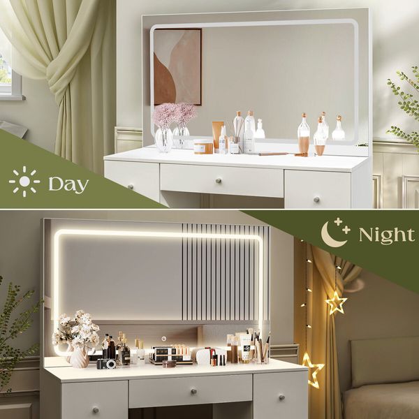 XL Size Vanity Makeup Table White Dresser Desk Bedroom Dressing Furniture with Mirror LED Light Strip 7 Storage Drawers 3 Lighting Colours