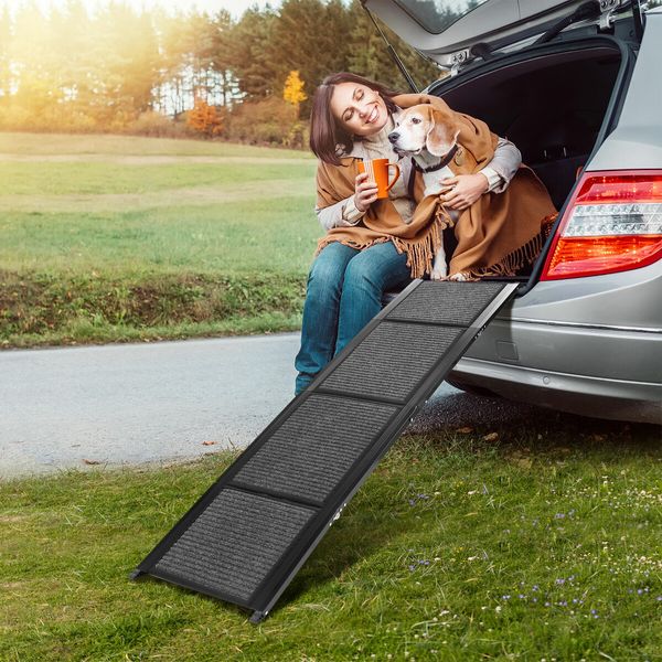 160cm Folding Dog Ramp Stair Pet Puppy Cat Aluminium Step Canine Animal Ladder for High Bed Car Truck SUV Couch Sofa with Nonslip Rug Surface