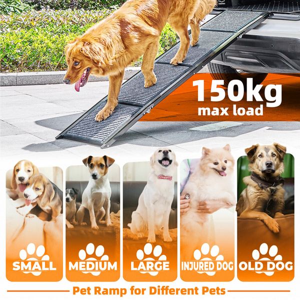 160cm Folding Dog Ramp Stair Pet Puppy Cat Aluminium Step Canine Animal Ladder for High Bed Car Truck SUV Couch Sofa with Nonslip Rug Surface