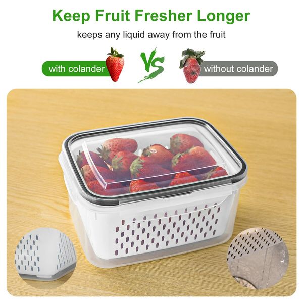 5PCS Large Fruit Containers for Fridge,Leakproof Food Storage Containers with Removable Colander,Dishwasher Microwave Safe Produce Containers Keep Fruits,Vegetables,Berry,Meat Fresh longer