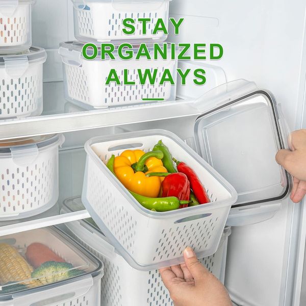 5PCS Large Fruit Containers for Fridge,Leakproof Food Storage Containers with Removable Colander,Dishwasher Microwave Safe Produce Containers Keep Fruits,Vegetables,Berry,Meat Fresh longer