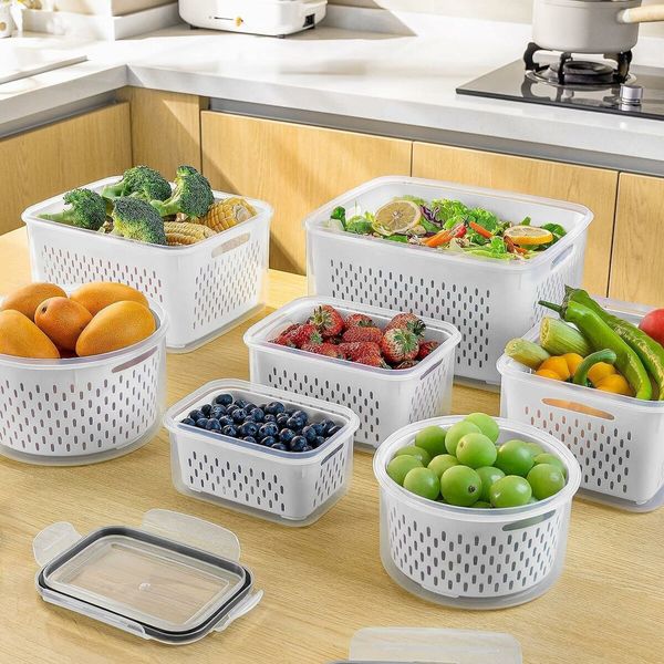 5PCS Large Fruit Containers for Fridge,Leakproof Food Storage Containers with Removable Colander,Dishwasher Microwave Safe Produce Containers Keep Fruits,Vegetables,Berry,Meat Fresh longer