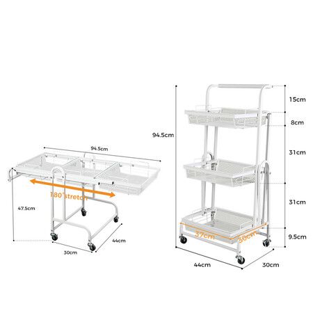 3 Tier Kitchen Trolley Cart Swivel White Colour