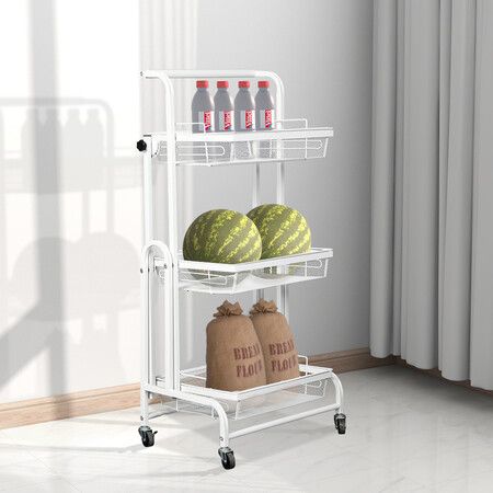 3 Tier Kitchen Trolley Cart Swivel White Colour