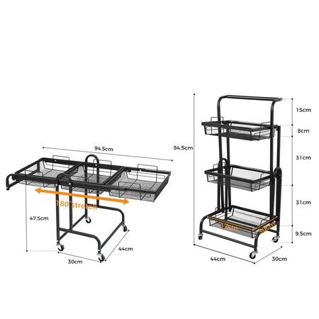 3 Tier Kitchen Trolley Cart Swivel Black Colour