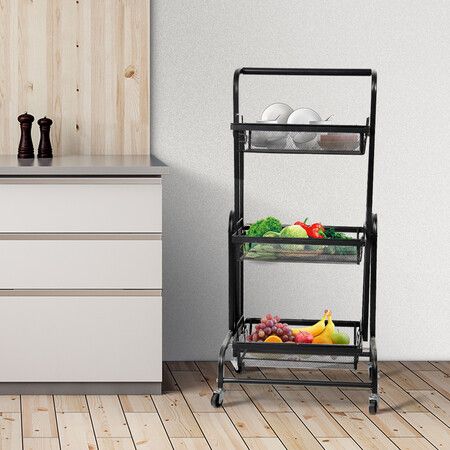 3 Tier Kitchen Trolley Cart Swivel Black Colour