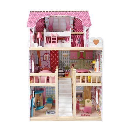 Wooden Doll House 3 Floor Kids Girl Dollhouse Full Furniture Pink 90cm