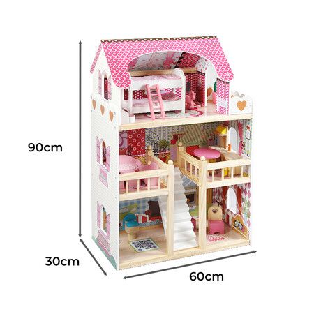 Wooden Doll House 3 Floor Kids Girl Dollhouse Full Furniture Pink 90cm