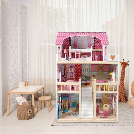 Wooden Doll House 3 Floor Kids Girl Dollhouse Full Furniture Pink 90cm