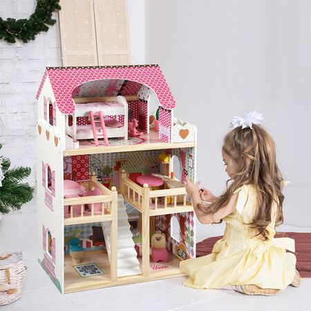 Wooden Doll House 3 Floor Kids Girl Dollhouse Full Furniture Pink 90cm