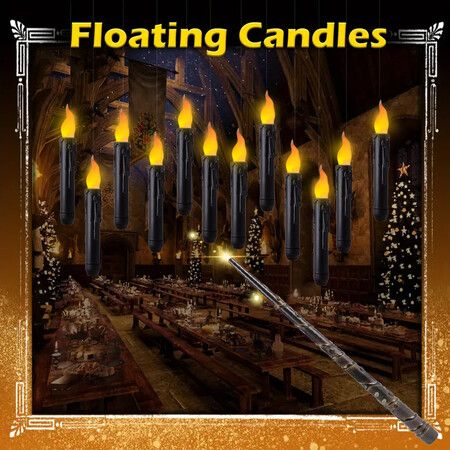 Halloween Decorations, 12 Pcs Floating Candles with Wand Remote, Flickering Warm Light Battery Operated LED Hanging Candles for Halloween Decor Indoor Outdoor Party