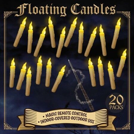 Halloween Decorations Hanging Candles,20 Pack Candles With Wand Magic,Flickering Warm Light Floating LED Candle For Harry Potter Party Decorations