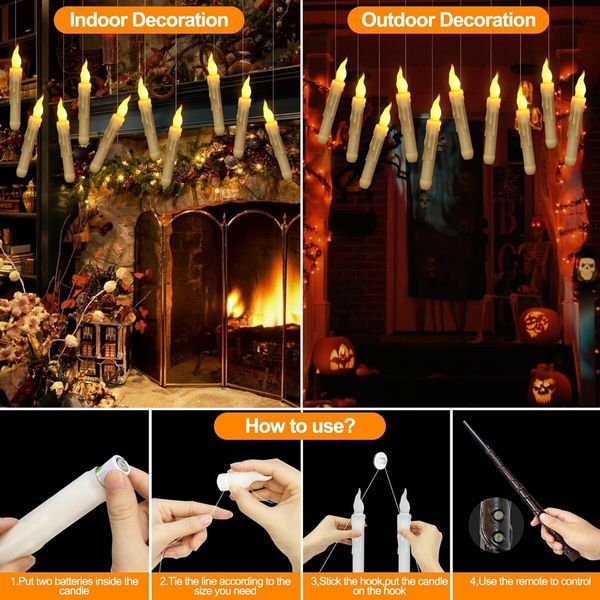 Halloween Decorations Hanging Candles,20 Pack Candles With Wand Magic,Flickering Warm Light Floating LED Candle For Harry Potter Party Decorations