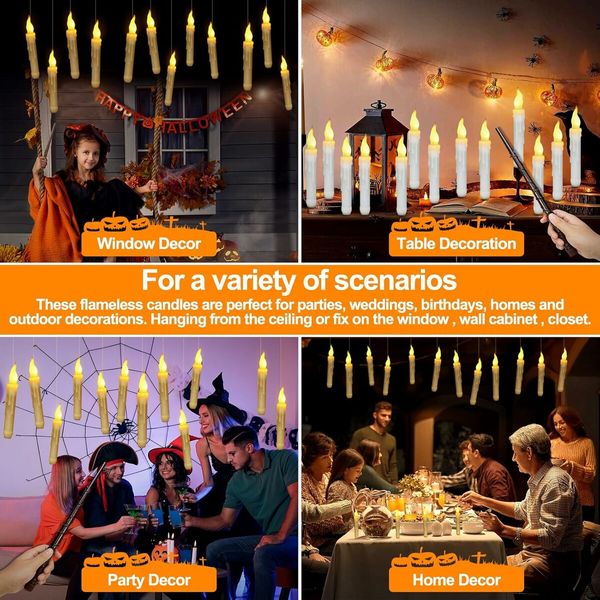 Halloween Decorations Hanging Candles,20 Pack Candles With Wand Magic,Flickering Warm Light Floating LED Candle For Harry Potter Party Decorations