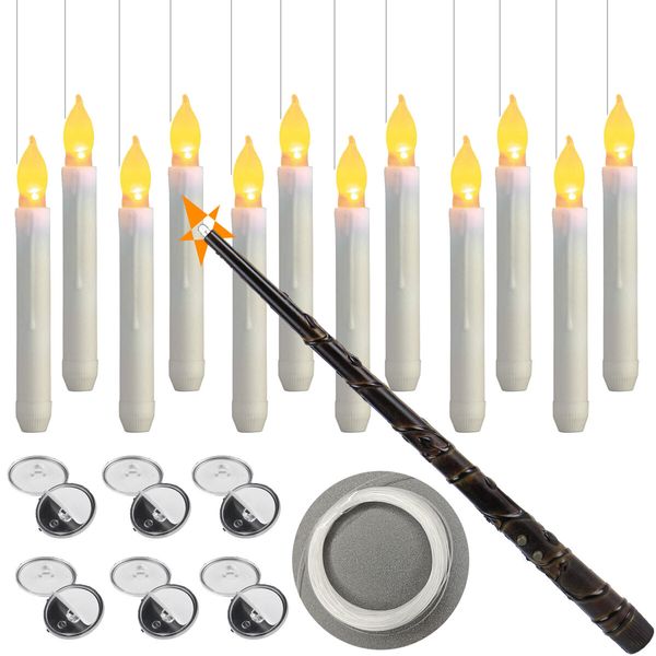 Halloween Decorations Hanging Candles,12 Pack Candles With Wand Magic,Flickering Warm Light Floating LED Candle For Harry Potter Party Decorations