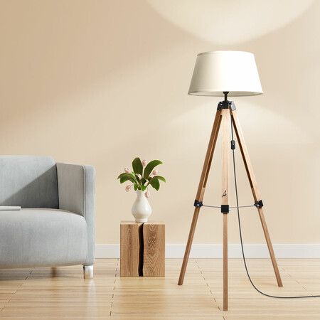 Tripod Wooden Floor Lamp Shaded Natural