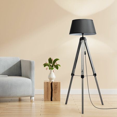 Tripod Wooden Floor Lamp Shaded Grey