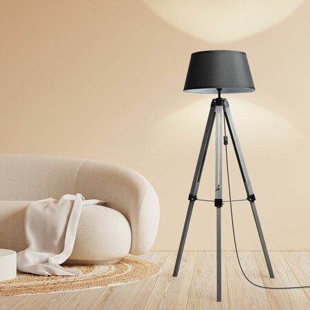 Tripod Wooden Floor Lamp Shaded Grey