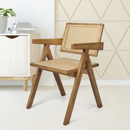 1x Dining Chair Solid Wood Rattan Natural