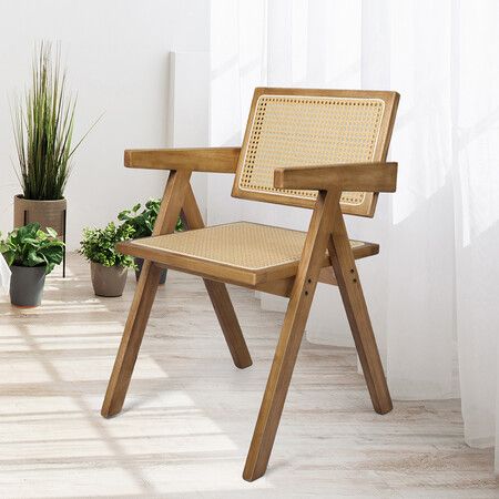 1x Dining Chair Solid Wood Rattan Natural