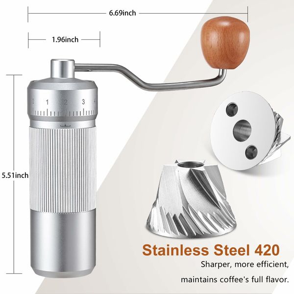 Manual Coffee Grinder,6 Star Conical Burr Coffee Grinder with 25g Capacity,CNC Stainless Steel Espresso Grinder with 55 Grind Settings,For Espresso,French Press,Pour Over (Silver)