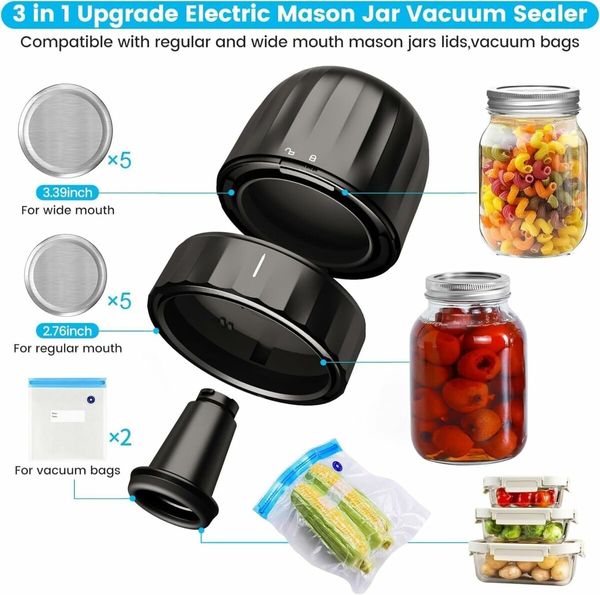 Portable Electric Mason Jar Vacuum Sealer Automatic Air Pump USB Rechargeable For Food Storage Color Black