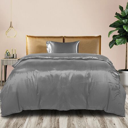 Silky Satin Quilt Cover Set Bedspread Dark Grey Single