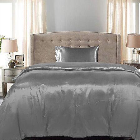 Silky Satin Quilt Cover Set Bedspread Dark Grey Single