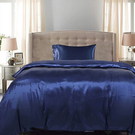 Silky Satin Quilt Cover Set Bedspread Blue Single