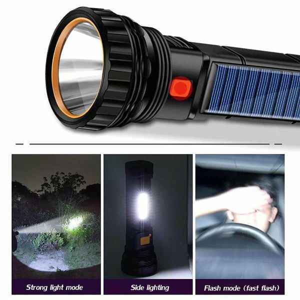 Solar Rechargeable Multi Function 1000 Lumens LED Flashlight,with Emergency Strobe Light and 1200 Mah Battery,Emergency Power Supply and USB Charging Cable,Fast Charging (1PC)