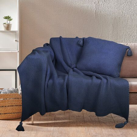 Knitting Throw Blanket Cushion Navy