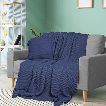 Knitting Throw Blanket Cushion Navy