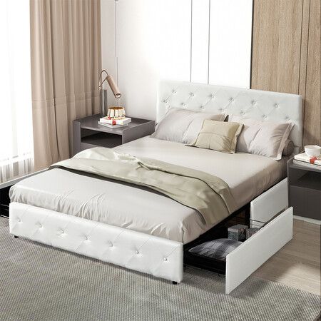 Queen Bed Frame Tufted 4 Drawer