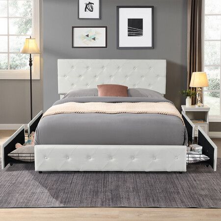 Queen Bed Frame Tufted 4 Drawer