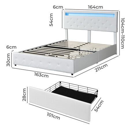 Queen Bed Frame RGB LED PU 4 Drawer USB