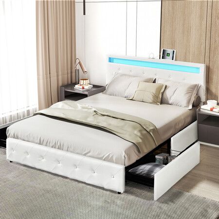 Queen Bed Frame RGB LED PU 4 Drawer USB