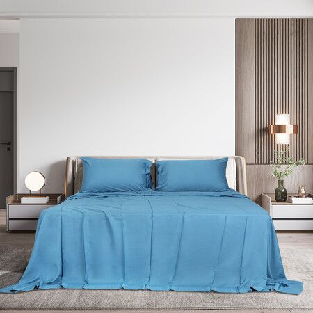 4pcs Queen Size 100% Bamboo Bed Sheet Set in Blue Colour