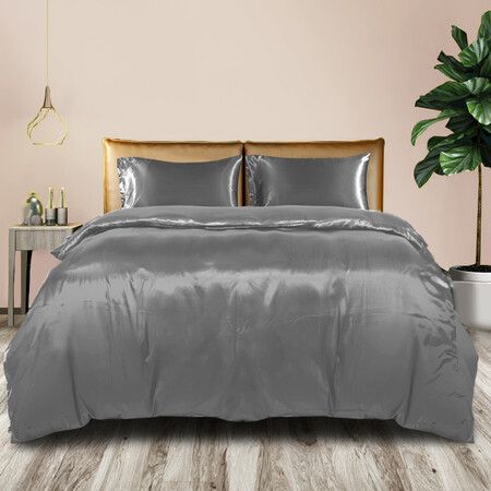 Silky Satin Quilt Cover Set Bedspread Dark Grey Super King