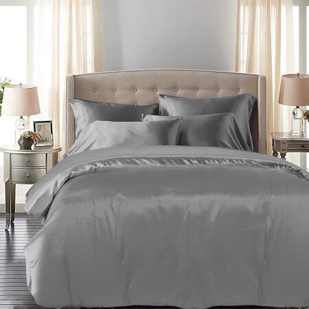 Silky Satin Quilt Cover Set Bedspread Dark Grey Super King