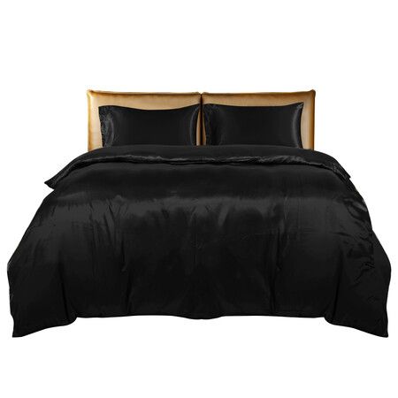 Silky Satin Quilt Cover Set Bedspread Black Super King