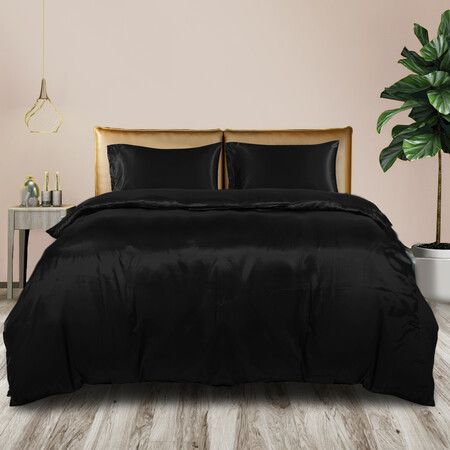 Silky Satin Quilt Cover Set Bedspread Black Super King